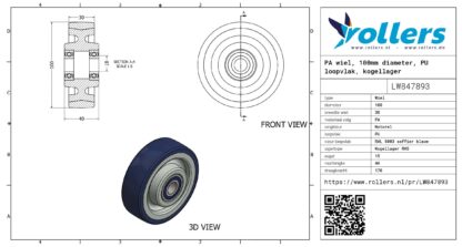 PA wiel, 100mm diameter, PU loopvlak, kogellager RVS - Afbeelding 2