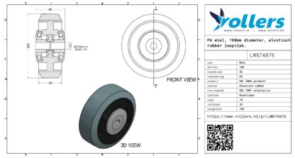 PA wiel, 100mm diameter, elastisch rubber loopvlak, kogellager - Afbeelding 3