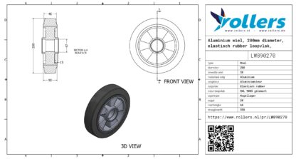 Aluminium wiel, 200mm diameter, elastisch rubber loopvlak, kogellager - Afbeelding 2
