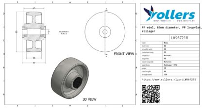 PP wiel, 80mm diameter, PP loopvlak, rollager RVS - Afbeelding 3