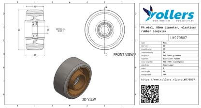 PA wiel, 80mm diameter, elastisch rubber loopvlak, kogellager - Afbeelding 3