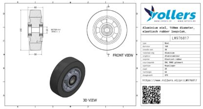 Aluminium wiel, 160mm diameter, elastisch rubber loopvlak, kogellager - Afbeelding 3