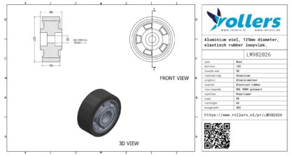 Aluminium wiel, 125mm diameter, elastisch rubber loopvlak, kogellager - Afbeelding 3
