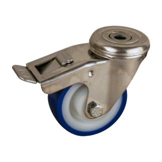 Rvs zwenkwiel, 80mm diameter, PU loopvlak, rollager RVS, dubbele rem, naloop