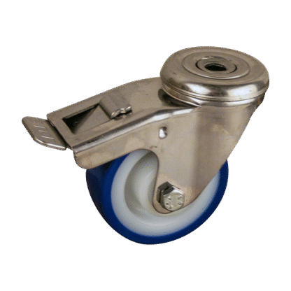 Rvs zwenkwiel, 80mm diameter, PU loopvlak, rollager RVS, dubbele rem, naloop