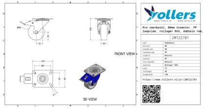 Rvs zwenkwiel, 80mm diameter, PP loopvlak, rollager RVS, dubbele rem, naloop - Afbeelding 3