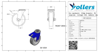 Rvs zwenkwiel, 125mm diameter, PU loopvlak, rollager RVS, dubbele rem, naloop - Afbeelding 3