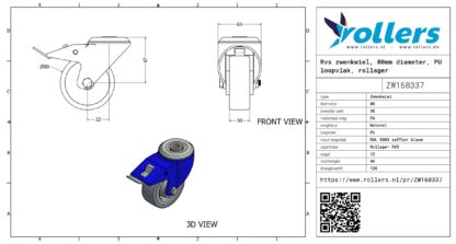 Rvs zwenkwiel, 80mm diameter, PU loopvlak, rollager RVS - Afbeelding 3