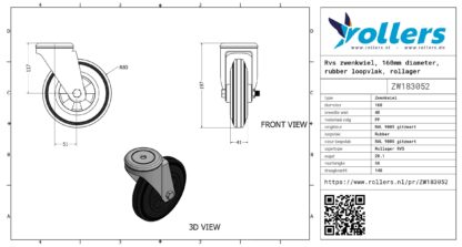Rvs zwenkwiel, 160mm diameter, rubber loopvlak, rollager RVS - Afbeelding 3
