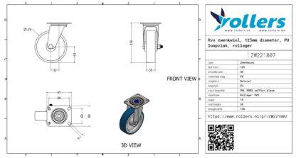 Rvs zwenkwiel, 125mm diameter, PU loopvlak, rollager RVS - Afbeelding 3
