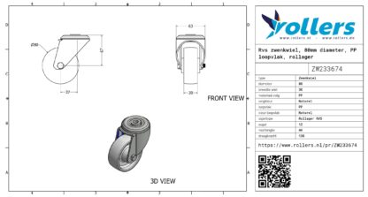 Rvs zwenkwiel, 80mm diameter, PP loopvlak, rollager RVS - Afbeelding 3