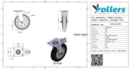 Rvs zwenkwiel, 200mm diameter, rubber loopvlak, rollager RVS, dubbele rem, naloop - Afbeelding 3