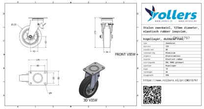Stalen zwenkwiel, 125mm diameter, elastisch rubber loopvlak, kogellager, dubbele rem, voorloop - Afbeelding 3