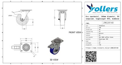 Rvs zwenkwiel, 100mm diameter, PU loopvlak, kogellager RVS, dubbele rem, naloop - Afbeelding 3