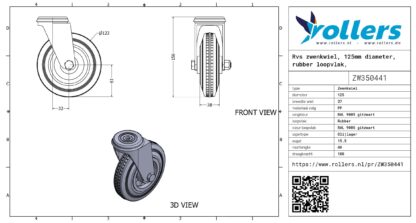 Rvs zwenkwiel, 125mm diameter, rubber loopvlak, glijlager - Afbeelding 3