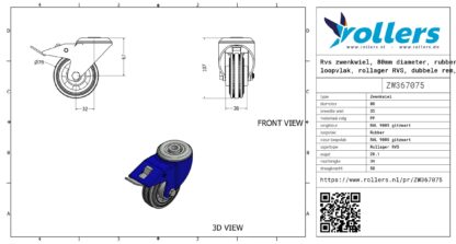 Rvs zwenkwiel, 80mm diameter, rubber loopvlak, rollager RVS, dubbele rem, naloop - Afbeelding 3