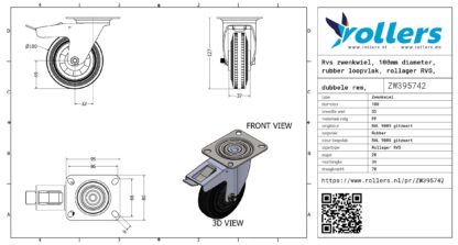 Rvs zwenkwiel, 100mm diameter, rubber loopvlak, rollager RVS, dubbele rem, naloop - Afbeelding 3