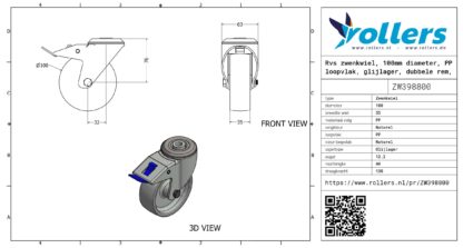 Rvs zwenkwiel, 100mm diameter, PP loopvlak, glijlager, dubbele rem, naloop - Afbeelding 3