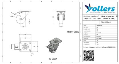 Stalen zwenkwiel, 80mm diameter, PP loopvlak, rollager, dubbele rem, naloop - Afbeelding 3
