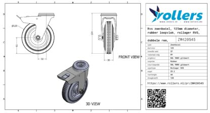 Rvs zwenkwiel, 125mm diameter, rubber loopvlak, rollager RVS, dubbele rem, naloop - Afbeelding 3