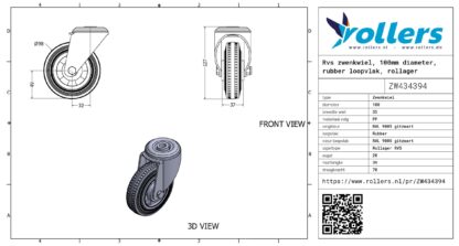 Rvs zwenkwiel, 100mm diameter, rubber loopvlak, rollager RVS - Afbeelding 3