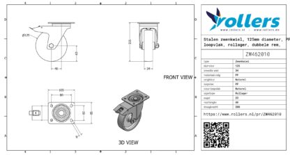 Stalen zwenkwiel, 125mm diameter, PP loopvlak, rollager, dubbele rem, naloop - Afbeelding 3