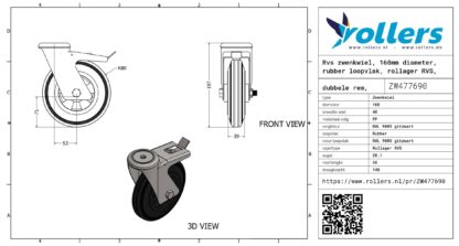 Rvs zwenkwiel, 160mm diameter, rubber loopvlak, rollager RVS, dubbele rem, naloop - Afbeelding 3