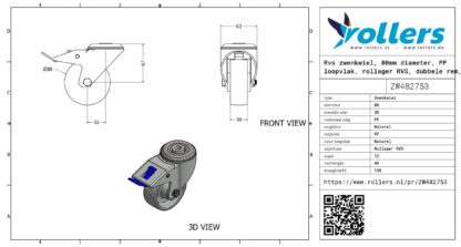 Rvs zwenkwiel, 80mm diameter, PP loopvlak, rollager RVS, dubbele rem, naloop - Afbeelding 3