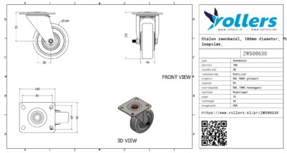 Stalen zwenkwiel, 100mm diameter, PU loopvlak, kogellager - Afbeelding 3