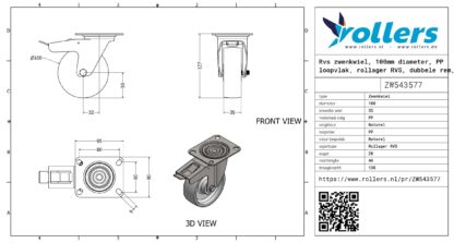 Rvs zwenkwiel, 100mm diameter, PP loopvlak, rollager RVS, dubbele rem, naloop - Afbeelding 3