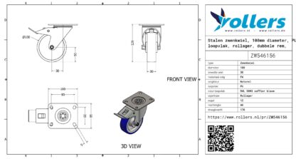 Stalen zwenkwiel, 100mm diameter, PU loopvlak, rollager, dubbele rem, naloop - Afbeelding 3