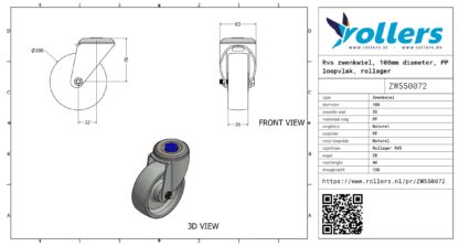 Rvs zwenkwiel, 100mm diameter, PP loopvlak, rollager RVS - Afbeelding 3