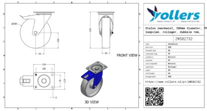 Stalen zwenkwiel, 200mm diameter, PP loopvlak, rollager, dubbele rem, naloop - Afbeelding 3