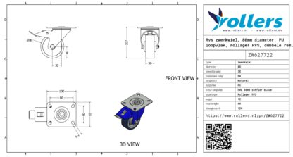 Rvs zwenkwiel, 80mm diameter, PU loopvlak, rollager RVS, dubbele rem, naloop - Afbeelding 3