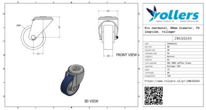 Rvs zwenkwiel, 80mm diameter, PU loopvlak, rollager RVS - Afbeelding 3