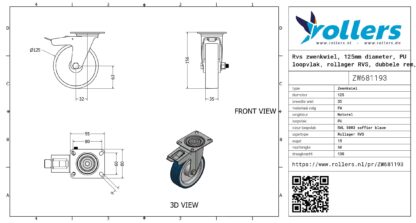 Rvs zwenkwiel, 125mm diameter, PU loopvlak, rollager RVS, dubbele rem, naloop - Afbeelding 3