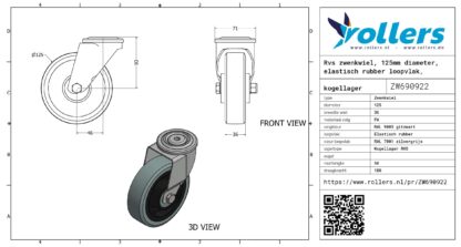 Rvs zwenkwiel, 125mm diameter, elastisch rubber loopvlak, kogellager RVS - Afbeelding 3