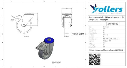 Rvs zwenkwiel, 100mm diameter, PU loopvlak, rollager RVS - Afbeelding 3