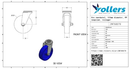 Rvs zwenkwiel, 125mm diameter, PP loopvlak, rollager RVS - Afbeelding 3