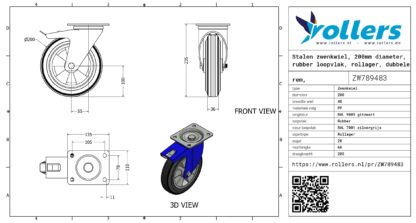 Stalen zwenkwiel, 200mm diameter, rubber loopvlak, rollager, dubbele rem, naloop - Afbeelding 3