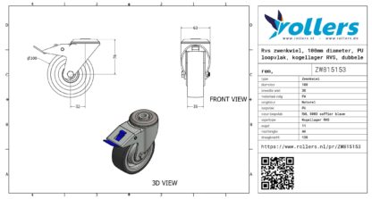 Rvs zwenkwiel, 100mm diameter, PU loopvlak, kogellager RVS, dubbele rem, naloop - Afbeelding 3