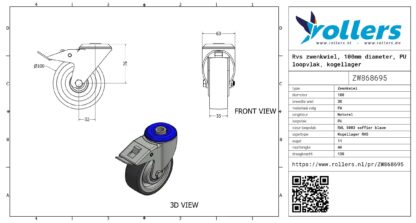 Rvs zwenkwiel, 100mm diameter, PU loopvlak, kogellager RVS - Afbeelding 2
