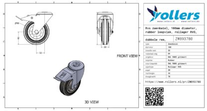 Rvs zwenkwiel, 100mm diameter, rubber loopvlak, rollager RVS, dubbele rem, naloop - Afbeelding 3