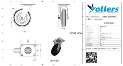 Rvs zwenkwiel, 160mm diameter, rubber loopvlak, glijlager - Afbeelding 3
