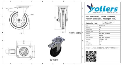 Rvs zwenkwiel, 125mm diameter, rubber loopvlak, rollager RVS, dubbele rem, naloop - Afbeelding 3