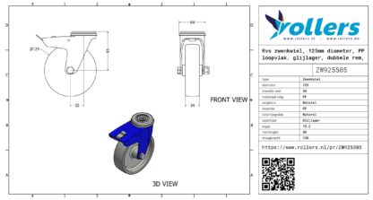 Rvs zwenkwiel, 125mm diameter, PP loopvlak, glijlager, dubbele rem, naloop - Afbeelding 3