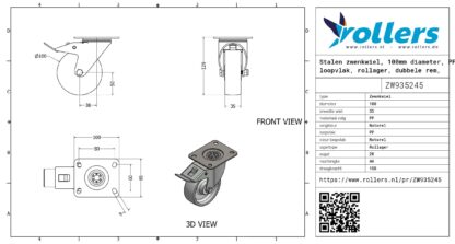 Stalen zwenkwiel, 100mm diameter, PP loopvlak, rollager, dubbele rem, naloop - Afbeelding 3