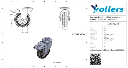 Rvs zwenkwiel, 100mm diameter, rubber loopvlak, rollager RVS - Afbeelding 3
