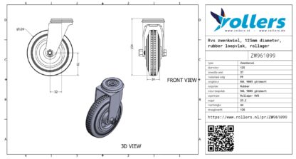 Rvs zwenkwiel, 125mm diameter, rubber loopvlak, rollager RVS - Afbeelding 3