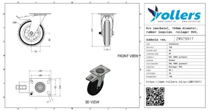 Rvs zwenkwiel, 160mm diameter, rubber loopvlak, rollager RVS, dubbele rem, naloop - Afbeelding 3